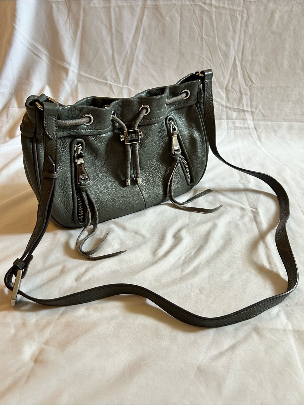 Aimee Kestenberg Gray Drawstring Pebbled Leather Crossbody